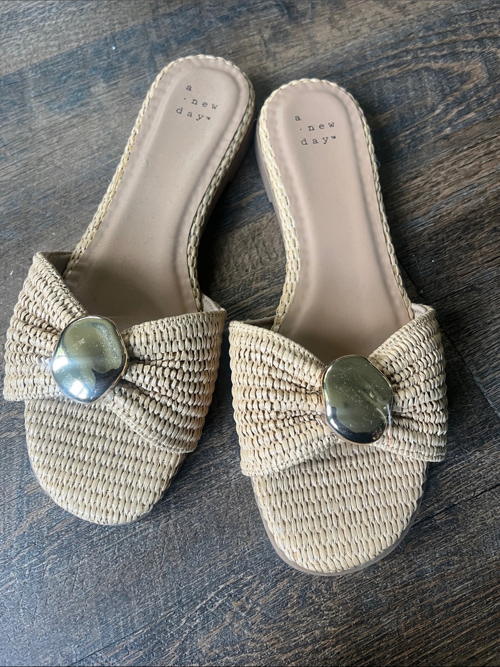 a new day Natural Woven Slide Mules with gold Medallions